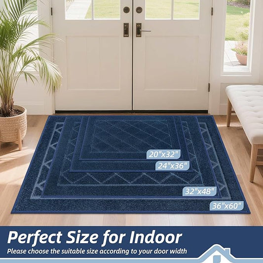 BEQHAUSE Dirt Trapper Door Mat 36" x 60", Doormat Non-Slip Entryway Rugs Washable, Dog Door Mat Stain Resistant and Absorbent Welcome Floor Mat for Front Back Door, Mud Wet Shoes & Paws, Navy Blue