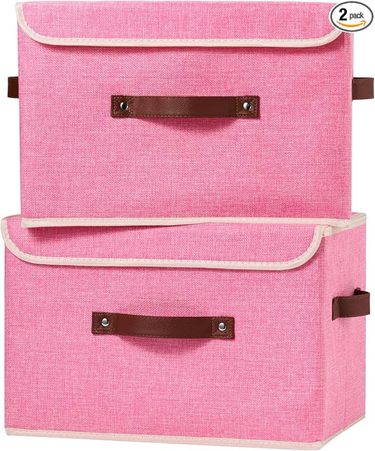 2PCS Storage Boxes with Lid Cotton Linen Fabric Storage Bins Organizer Container Decorative Collapsible Washable Shelf Closet Baskets Faux Leather Handles Home Bedroom (Pink, Large)