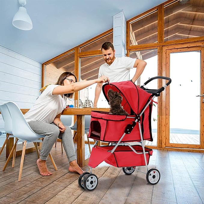 3 Wheels Dog Stroller, Foldable Pet Stroller for Small Medium Dogs, Portable Breathable Cat Stroller Dog Strollers with Storage Basket, Cup Holders, Removable Liner for Travel & Outdoor Use, Red