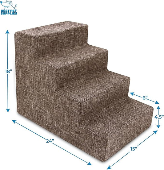 Best Pet Supplies Dog Stairs & Steps - Foam Steps for Small Dogs & Cats, Non-Slip Indoor Balanced Pet Step Support, Dog Ramp, No Assembly, Brown Linen, 4-Step (18-inch Height)