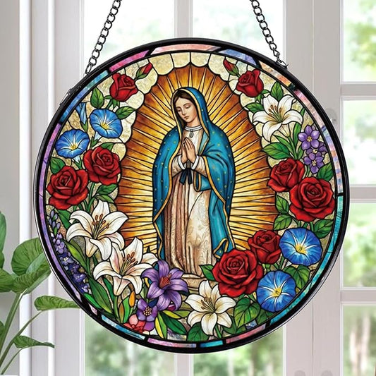Stained Glass Window Hanging, Our Lady of Guadalupe Sun Catcher Gift, Religious Christian Gifts for Wall Art Landscape Hanging Home Decor 8 Inch