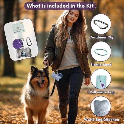 Complete Earth-Conscious Dog Waste Kit: Wheat Straw Waste Bag Dispenser with one corn starch 15-bag waste bag roll, Carabiner, Elastic Band for Secure Leash Attachment, Leak-Proof (Blue)