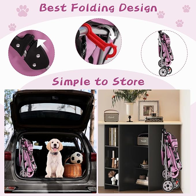 Pet Stroller for Small Medium Dogs & Cats,3-Wheel Breathable Compact Foldable Dog Carrier with Storage Basket, Outdoor Portable Lightweight Travel Stroller for Camping,Pink