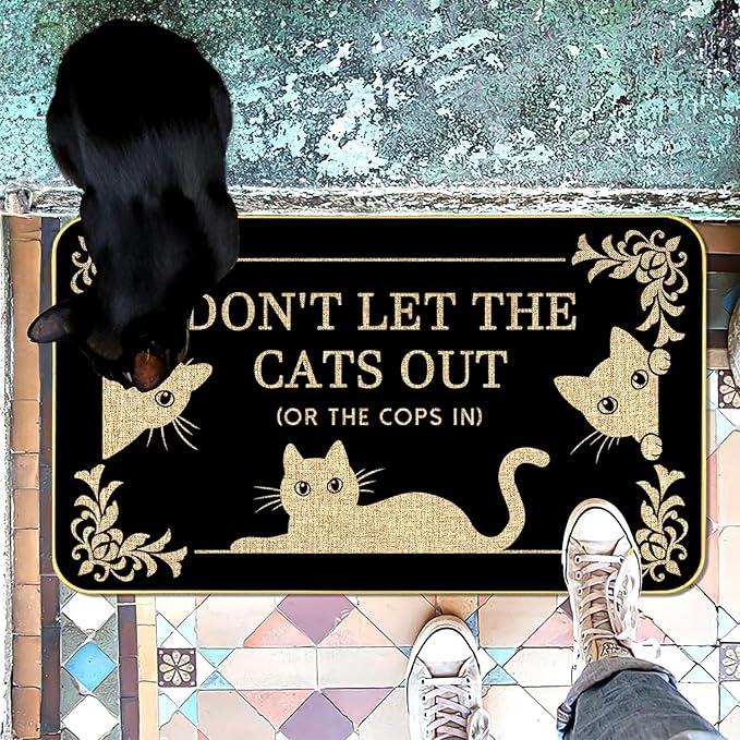 Funny Cat Welcome Mat “Don’t Let The Cats Out or The Cops in” Doormat, 29"x17" Non-Slip Indoor Outdoor Rug for Front Porch or Entryway, Cat Lover Gift