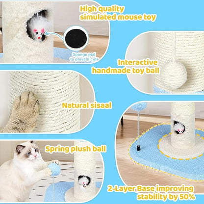 Tall Cat Scratching Post for Indoor Cats Adults, Cat Scratch Post with Sisal Rope Claw Scratcher, Solid Wood Cat Tower with Scratching Post and Cat Toys Mouse Hole, Cute Small Cat Tree, (Blue Sky)
