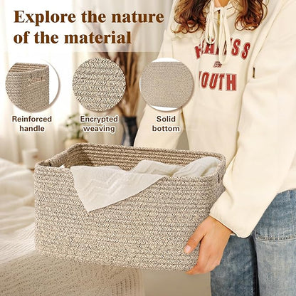 3 Pack Large Storage Basket for Organizing, 17.5"x13"x7" Woven Basket for Shelves, Closet Cube Storage Bins with Wrapped Handle, Cotton Rope Baskets for Kitchen, Clothes, Toys(Natural))