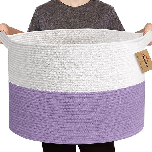 Large Purple Rope Storage Basket, 22x14 Inches Wicker Woven Baskets for Storage, Baby Laundry Hamper, Towel Blanket Toy Bin Organizer, Purple Living Room Decor, Big Basket for Gifts Empty