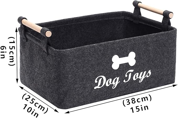 Geyecete Dog Toys Storage Bins - with Wooden Handle, Collapsible Pet Supplies Storage Basket Pet supplies storage Basket/Bin Kids Toy Chest Storage Trunk(DOG-Dark Grey)