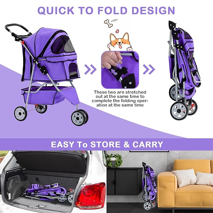 3 Wheels Dog Stroller, Foldable Pet Stroller for Small Medium Dogs, Portable Breathable Cat Stroller Dog Strollers with Storage Basket, Cup Holders, Removable Liner for Travel & Outdoor Use, Purple