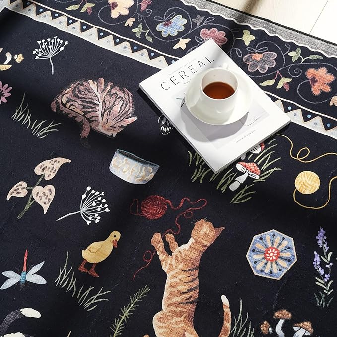 Rugcomf 2'7"x12' Kitchen Runner - Floral Cat Washable Long Hallway Runner Rug Non Slip, Boho Carpet for Entryway, Hall, Bathroom - Black