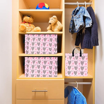 Valentines Basket Rec Heart Print Box Hamper Storage Basket Collapsible Organizer Bin Gift Shelf Baskets for Home and Kitchen Storage
