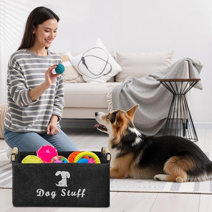 Dog Toy Basket, Felt Dog Toy Bin Box with Handle, Foldable Pet Toy Storage Container for Cat Puppy Toy (25×38×18 cm)