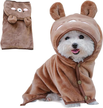 Dog Bathrobe with Hood Super Absorbent Soft Quick Drying Towel Wrap Adjustable Puppy Cat Bath Robe Towel for Cold Weather Beach Pool (Dark Brown Bear, Large)