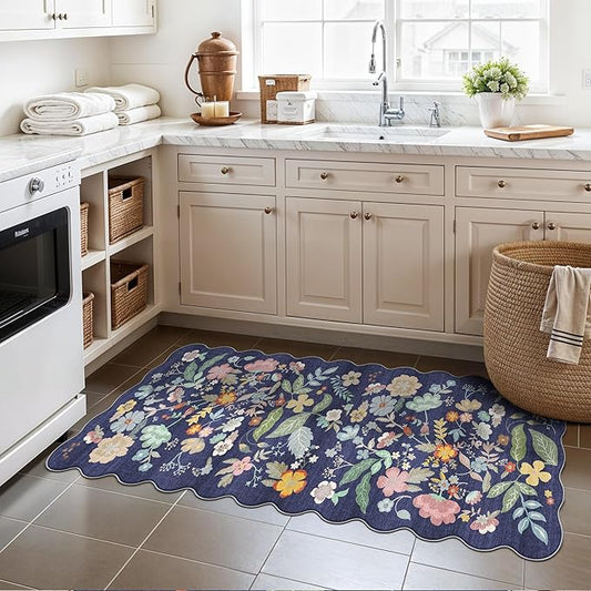 2x5 Washable Hallway Runner Rug: Stain Resistant Floral Scalloped Kitchen Rug Farmhouse Soft Carpet for Bathroom Bedroom Laudry Entryway Floor Mat with Non Slip Backing Cute Home Decor(2x5,Purple)