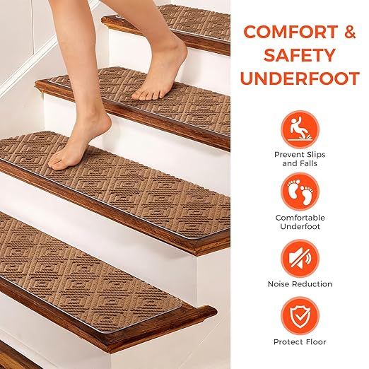 BAGAIL 15 Pack Non-Slip Stair Treads for Wooden Steps, 8"x30" Peel and Stick Carpet Stair Runners, Machine Washable Indoor Step Covers with No-Residue Adhesive for Dogs, Kids & Elderly - Brown