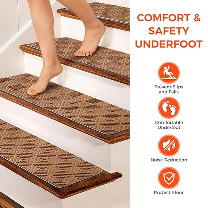 BAGAIL 15 Pack Non-Slip Stair Treads for Wooden Steps, 8"x30" Peel and Stick Carpet Stair Runners, Machine Washable Indoor Step Covers with No-Residue Adhesive for Dogs, Kids & Elderly - Brown