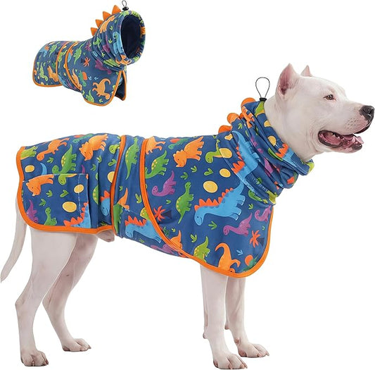 LovinPet 3‑in‑1 Dog Warm Winter Coat & Bathrobe, Hooded Dinosaur Fleece, Lightweight High‑Loft, Absorbent Knit, Quiet Hook‑and‑Loop, Wind‑Blocking Edges, Dog Robes for Medium & Large Dogs, Teal Blue,L