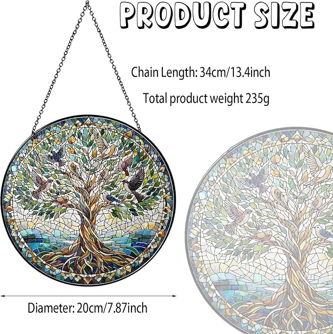 Tree of Life with Birds Sun Catcher RVEAFA Stained Glass Window Hanging Birds Lover Gifts for Women Wall Decor Handmade Sun Catcher Decoration for Garden Home Housewarming Gifts（20 * 20cm