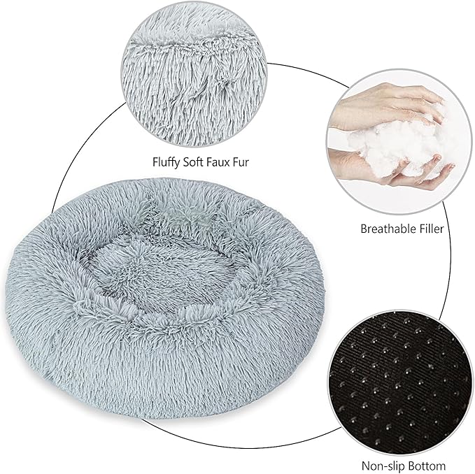Calming Dog Bed for Medium Dogs Cats, Puppy 31'' Round Anti-Anxiety Warm Fluffy Plush Faux Fur Bed, Soft Anti-Slip Donut Washable, Cozy Medium Puppy Bed, Fits up to 50 lbs Pets