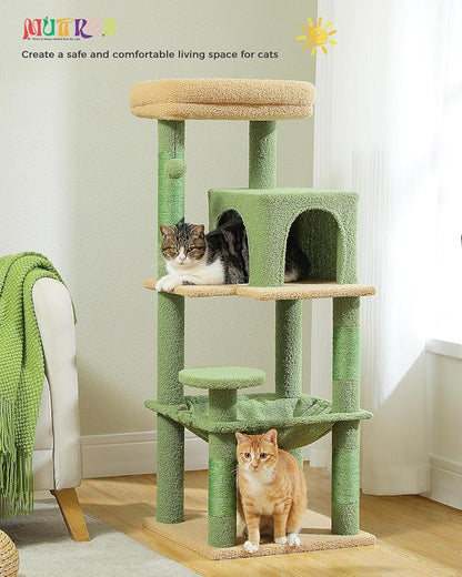 MUTTROS Cactus Cat Tree for Indoor Cats, 45.7" Multi-Level Cat Tower with Large Metal Frame Hammock, Cat Condo with 4 Scratching Posts and Top Perch, Green