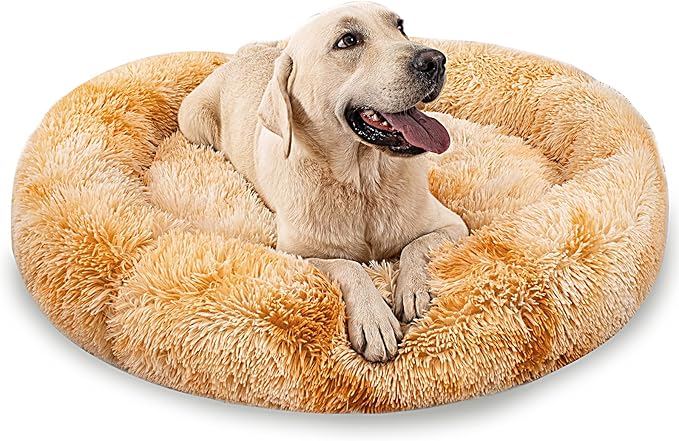 Calming Dog Bed for Big Dogs, 39'' Round Anti-Anxiety Warm Fluffy Plush Faux Fur Bed, Soft Anti-Slip Donut Washable Big Pet Bed, Cozy Big Dogs Bed, Fits up to 100 lbs Pets