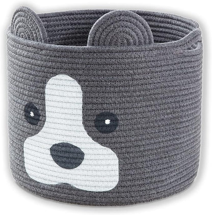 Medium Dog Woven Baskets with Handle, Dog Toy Hamper, Cotton Rope Dog Toy Storage Baskets for Pet, Animal Basket for Kids, Baby Gift Baskets for Dog Lovers, Dark Grey