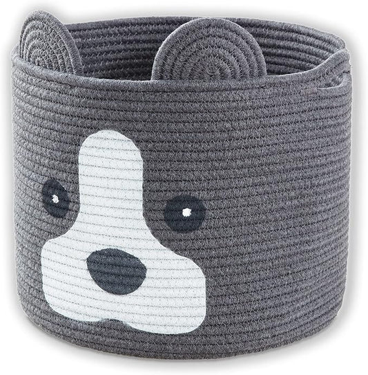 Medium Dog Woven Baskets with Handle, Dog Toy Hamper, Cotton Rope Dog Toy Storage Baskets for Pet, Animal Basket for Kids, Baby Gift Baskets for Dog Lovers, Dark Grey
