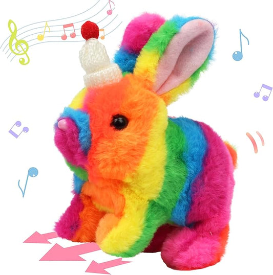 Hopearl Hopping Rabbit with Hat Interactive Electronic Pet Plush Bunny Toy with Sounds and Movements Animated Walking Wiggle Ears Twitch Nose Gift for Toddlers Birthday, Rainbow, 7''