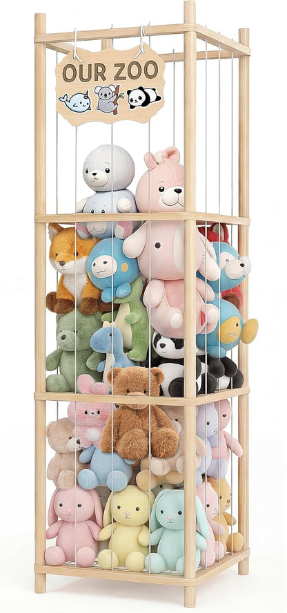 Stuffed Animal Storage Holder, Kids Plushies Toy Storage Organizer with Cute Sticker, 54In Wood Stuffed Animal Zoo Storage, Toy Shelf for Boys Girls, Ideal for Nursery, Playroom, Bedroom, Toddler Room