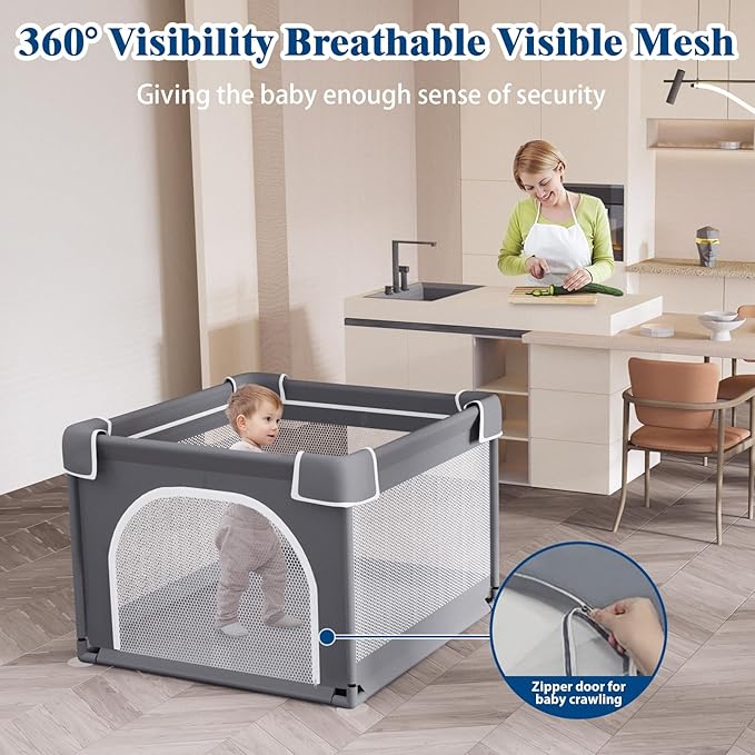 Small Playpen for Babies and Toddlers, 36"x36", Soft Breathable Mesh, Anti-Slip Base, Mini Baby Play Yard with Pull-Up Ring