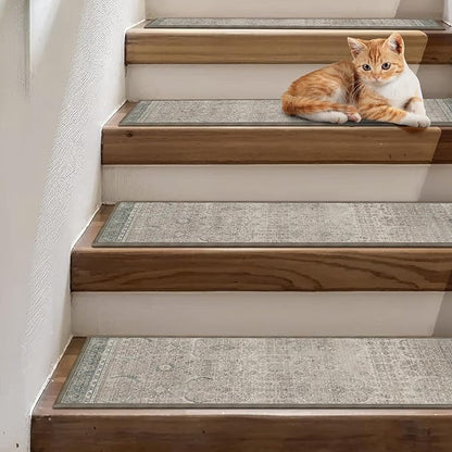 Carpet Stair Treads Non Slip 15PCS, 8" X 30" Edging Stair Runner for Wooden Steps Indoor, Resistant Stair Rug with Reusable TPE Adhesive Backing, Residue Free Mat for Elders, Pets, Cameo