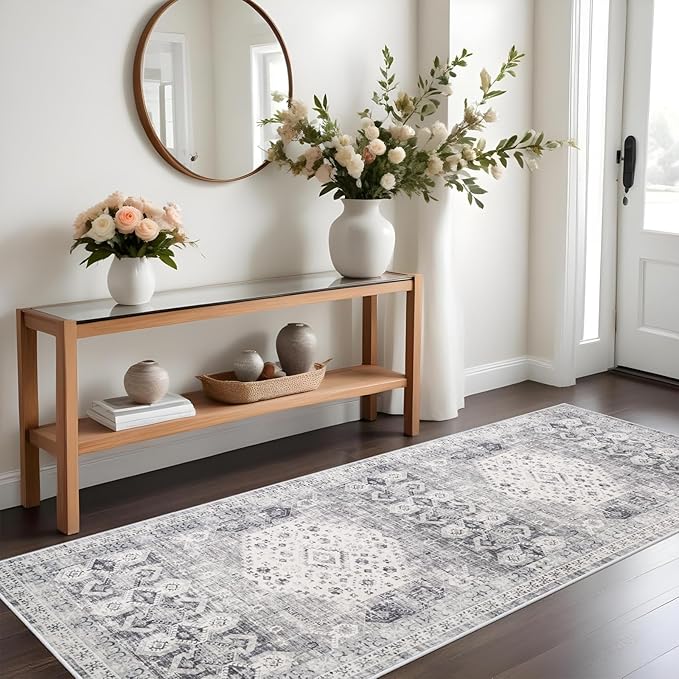 3x8 Halway Washable Runner Rug - Carpet Runners for Kitchen Non Slip Stain Resistant Rugs for Living Room Bedroom Laundry Room Ultra Thin Vintage Distressed Rug Home Decor Decoration Mat (3'x8', Grey)