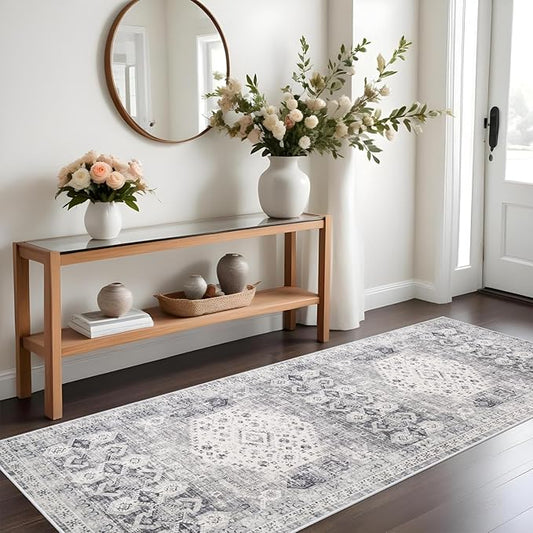 3x8 Halway Washable Runner Rug - Carpet Runners for Kitchen Non Slip Stain Resistant Rugs for Living Room Bedroom Laundry Room Ultra Thin Vintage Distressed Rug Home Decor Decoration Mat (3'x8', Grey)