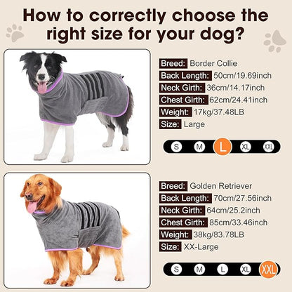 Microfibre Dog Bathrobe Dog Towel Wrap Super Absorbent Dog Drying Coat Bath Robe for Puppy, Medium & Large Dogs, Fast Drying, Adjustable, for Pet Dogs & Cats