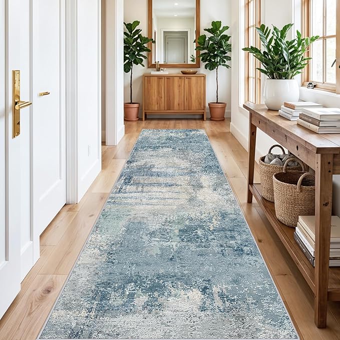 Washable 3x12 Hallway Runner Rug: Washable Non-Slip Carpet for Long Entryways Kitchen Living Room - Abstract Modern Neutral Thin Low Pile Runners 3x12 Blue