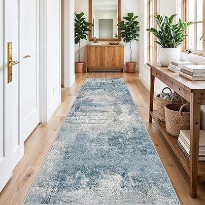 Washable 3x12 Hallway Runner Rug: Washable Non-Slip Carpet for Long Entryways Kitchen Living Room - Abstract Modern Neutral Thin Low Pile Runners 3x12 Blue