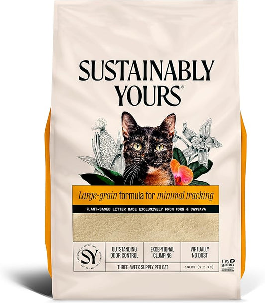Sustainably Yours Natural Cat Litter, Large-Grain Formula, Low Tracking, Exceptional Clumping & Odor Control, Virtually No Dust, Corn & Cassava Plant-Based, Unscented, 10 lbs