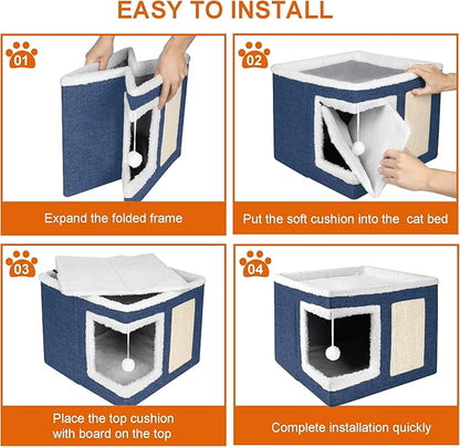 Loyareal Cat Houses for Indoor Cats - Large Cat Bed Cave with Scratch Pad and Fluffy Ball, Foldable Cat Condo Hideaway with Reversible Cushion for Multi Small Pet, Navy Blue