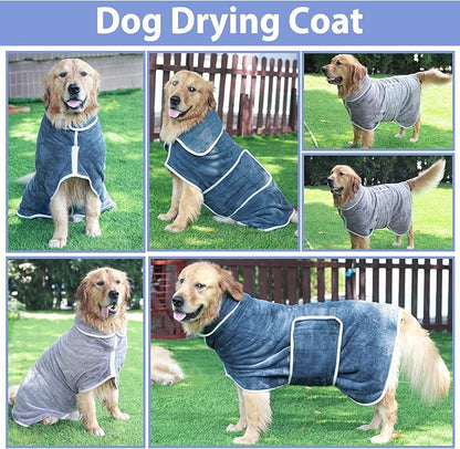 Dog Bathrobe Towel Dog Drying Coat - Super Absorbent Bath Robe for Drying Dogs Large, Soft Adjustable Collar & Belly Strap Fast Drying Coat Pet Dog Cat Bath Robe Towel (Blue, X-Large)
