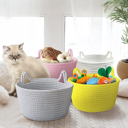 Small Cat Ears Toy Organizer, Woven Cotton Rope Basket, Decorative Nursery Bins & Boxes Gift Basket Empty for Baby Pet Toy Storage