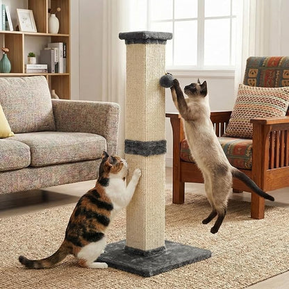 32" Tall Cat Scratching Post, Cat Scratcher with Heavy Duty Thick Wood Base, Cat Tower with Natural Sisal Rope and Hanging Ball, Plant-Like Design Scratching Post, for Small and Adult Kittens, Grey