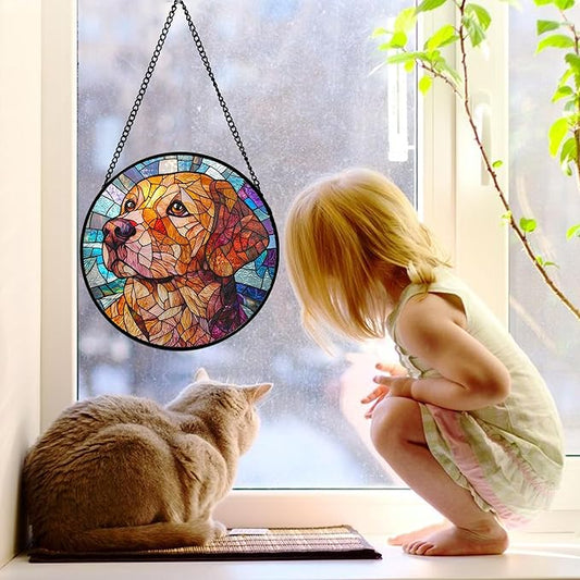 Stained Glass Window Hanging, Cute Dog Abstract Sun Catchers Colorful Glass Panel Texture Suncatcher Decor for Birthday for Women, Men, Wife, Aunt, and Mom 9.8 in