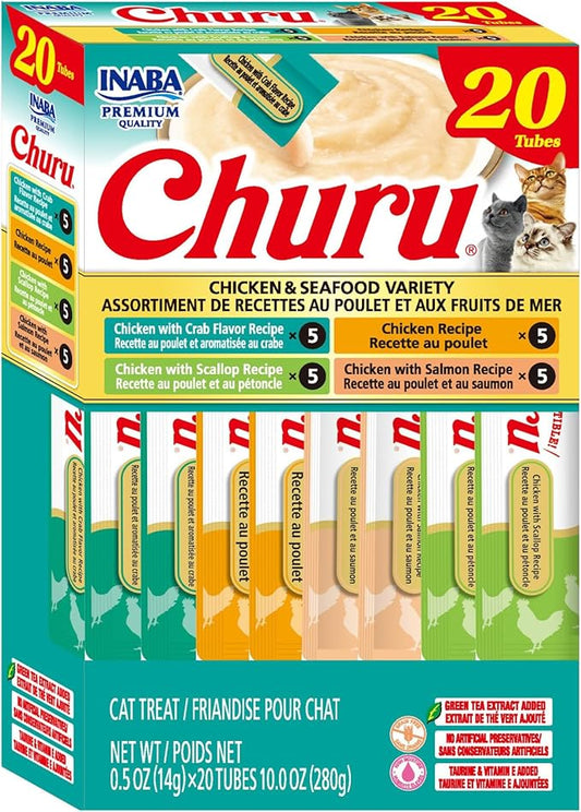 INABA Churu Cat Treats, Lickable, Squeezable Creamy Purée Cat Treat with Green Tea Extract & Taurine, 0.5oz. Each Tube, 20 Tubes, Chicken & Seafood Variety