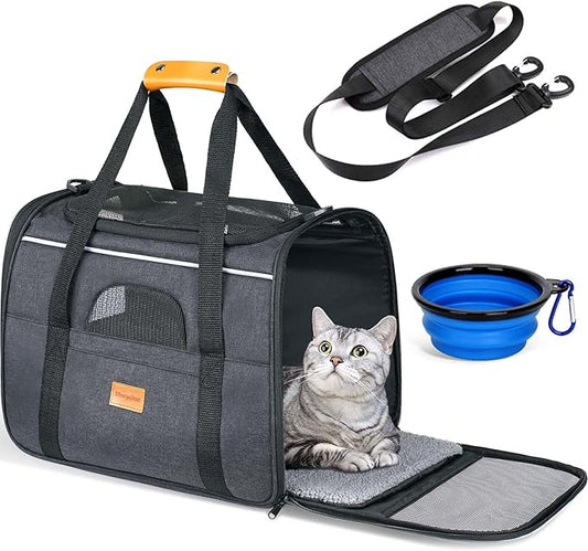 Morpilot Cat Carrier - Cat Carrier Soft for Small or Medium Cats up to 16lbs, with Sided Cushion, Secure Buckle and Foldable Bowl, Dog Carriers for Small Dogs (Dark Gray)