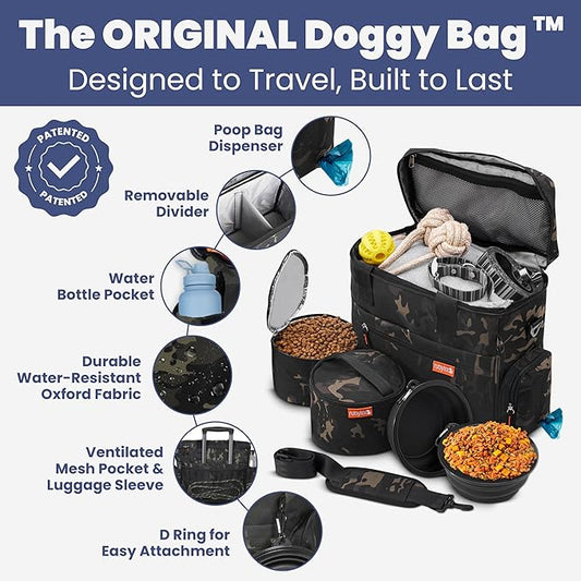 The Original Doggy Bag™ - Complete Dog Travel Bag for Supplies with 2 BPA-Free Travel Dog Bowls & 2 Pet Food Containers - Traveling Kit for Road Trips, Camping, Weekend Away or Doggy Gift: Camo