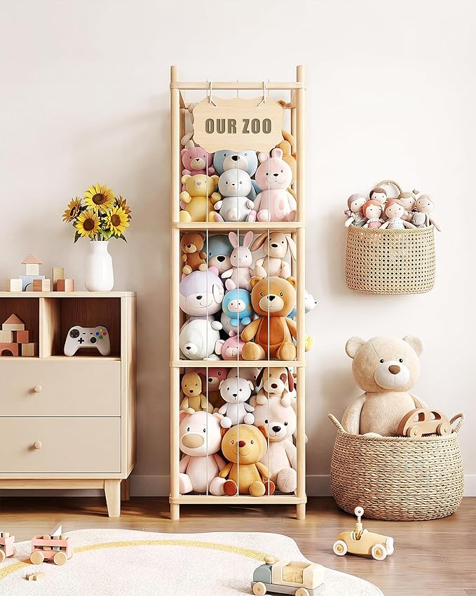 Stuffed Animal Storage Holder, Kids Plushies Toy Storage Organizer with Cute Sticker, 54In Wood Stuffed Animal Zoo Storage, Toy Shelf for Boys Girls, Ideal for Nursery, Playroom, Bedroom, Toddler Room