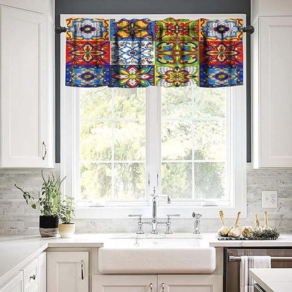 Mexico Valance Curtains Mexican Talavera Ceramic Colorful Tile Patchwork Pattern Window Treatment Valances Short Curtains Rod Pocket Drape for Dining Room Home Kitchen Decor, 54x18inch