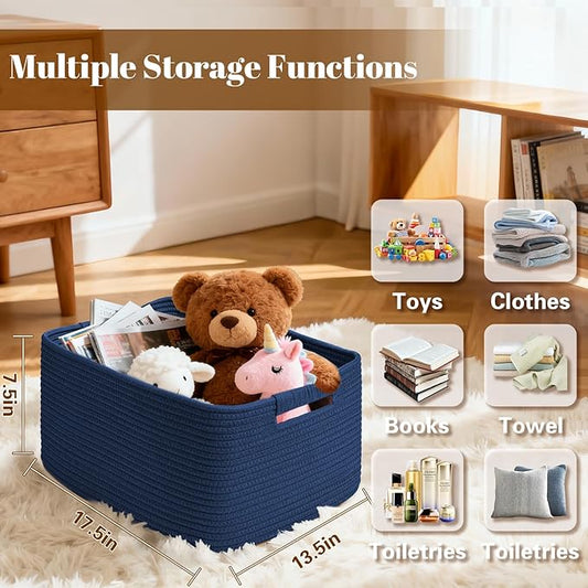 3 Pack Large Storage Basket for Organizing, 17.5"x13"x7" Woven Basket for Shelves, Closet Cube Storage Bins with Wrapped Handle, Cotton Rope Baskets for Kitchen, Clothes, Toys(Navy Blue)