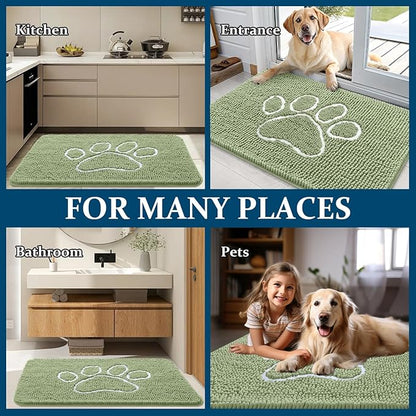 OLANLY Dog Door Mat for Muddy Paws 59x24, Paw Print Design, Absorbs Moisture and Dirt, Non-Slip Washable Doormat, Quick Dry Chenille Mud Mat for Dogs, Entry Indoor Entryway Carpet, Sage Green