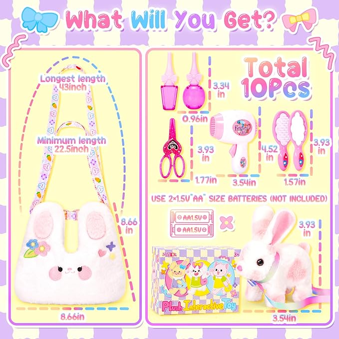 Easter Hopping Bunny Toy for Kids with Crossbody Bags, Interactive Wiggle Ears Rabbit Toy for Girls Trip Pretend Play Robot Pet Care Cute Stuff Plushies Birthday Gifts Easter Basket Stuffers